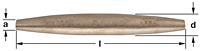 Horizontal image of a cylindrical bronze metal drift pin.  Tapered at both ends, with a fat middle barrel, labeled with "AMPCO D4 ALBR" along its length. It is shown with dimensions for length and diameter for both ends.